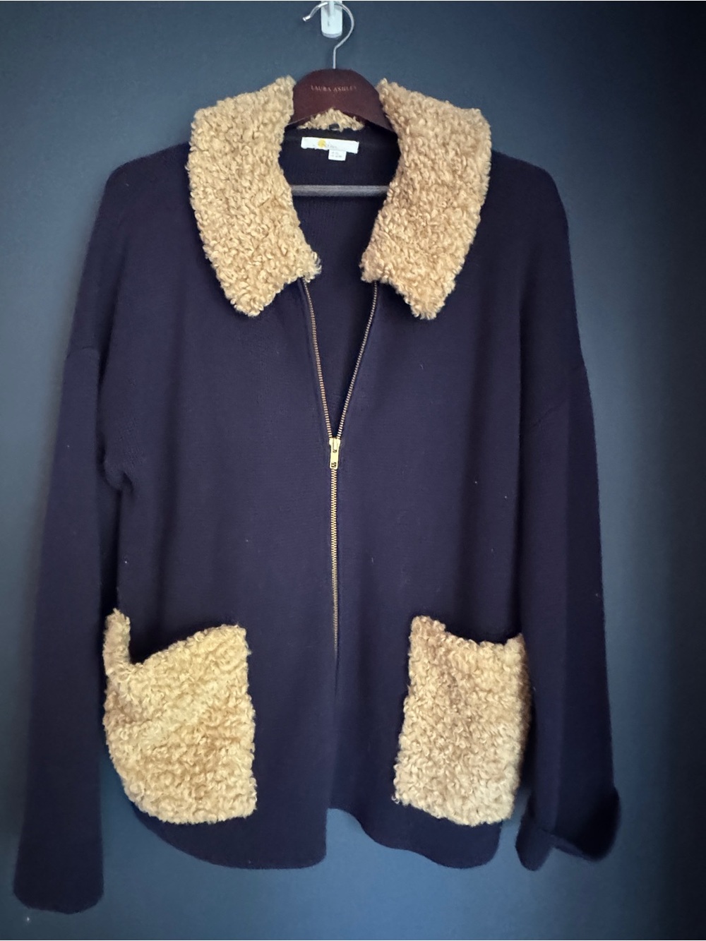 Boden Navy Knit Zip Jacket Faux Shearling Collar & Pocket Trim